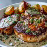 Fork-tender Crockpot Ranch Pork Chops beside soft potatoes and carrots in a rich, velvety ranch sauce on a dinner plate.