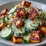 Creamy Asian Cucumber Salad with Crispy Tofu on a dark plate with chili oil drizzle and lime wedges.