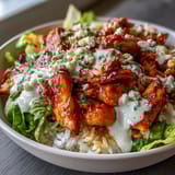 Vibrant buffalo chicken bowl featuring juicy buffalo chicken over fluffy rice, fresh vegetables, and drizzled with zesty ranch dressing.