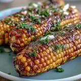 Microwave-cooked sweet corn on the cob, coated in melted garlic butter and served with lemon wedges for a bright, buttery flavor.