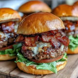 Appetizing photo of easy Father's Day bacon burger sliders, perfectly grilled and stacked high.