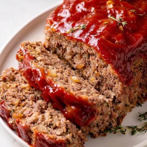 Homemade meatloaf, baked to a perfect golden brown, served alongside creamy mashed potatoes.