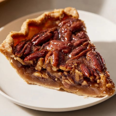 Golden-brown pecan pie, with a flaky crust and glistening, caramel-like filling.