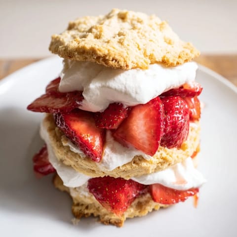 Warm, flaky strawberry shortcake biscuits piled high with sweet, macerated strawberries and whipped cream.