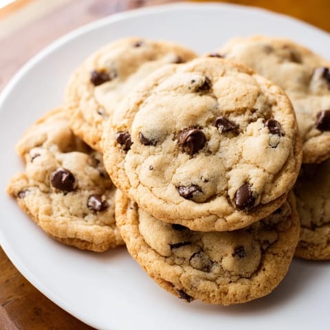 Freshly baked, golden-edged chocolate chip cookies, a classic American dessert ready to eat.