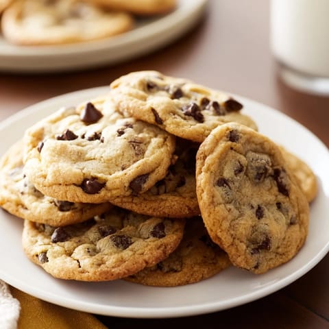 Warm, gooey chocolate chip cookies, fresh from the oven, offering a delightful homemade treat.