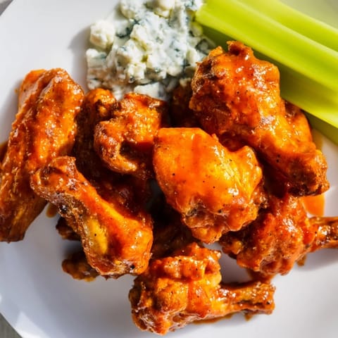Golden-brown, delicious Buffalo wings tossed in a flavorful sauce, ideal game-day appetizer.