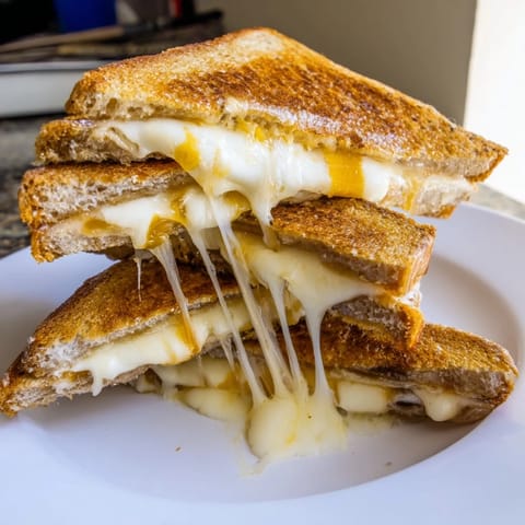 Freshly grilled Three-Cheese Grilled Cheese sandwich served with a side of creamy tomato soup.