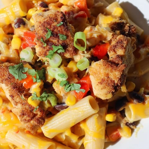 Crispy Chicken Burrito Pasta is served steaming in a skillet, garnished with green onions, cilantro, and a dollop of sour cream with lime wedges.
