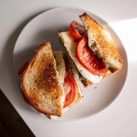 Golden, crispy sourdough slices stuffed with melted fresh mozzarella, juicy tomato rounds, and fragrant basil pesto for an Italian-American Caprese Pesto Grilled Cheese.