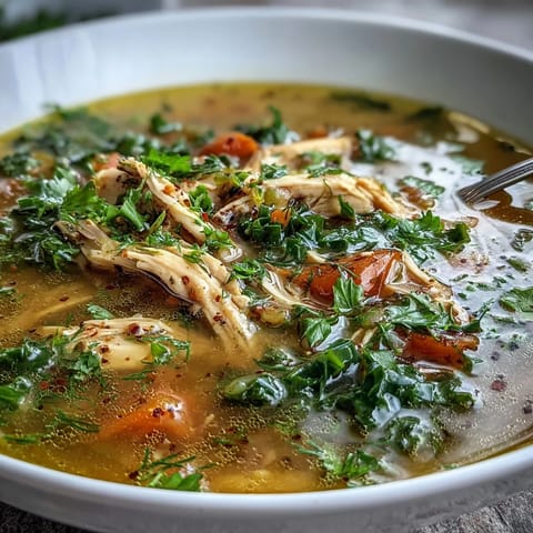 A steaming bowl of High Protein Lemon and Turmeric Chicken Soup garnished with fresh parsley and vibrant lemon wedges.