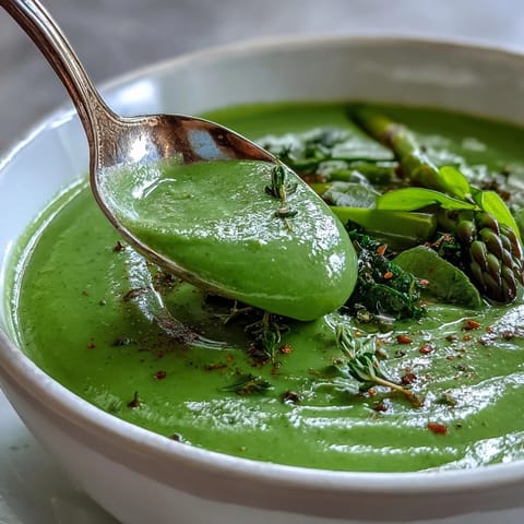 Creamy green soup made with spinach, asparagus, and broccoli, served hot and garnished with olive oil.