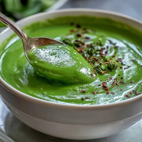 A bowl of Big Green Immunity-Boosting Vegetable Soup garnished with spinach and a lemon wedge.