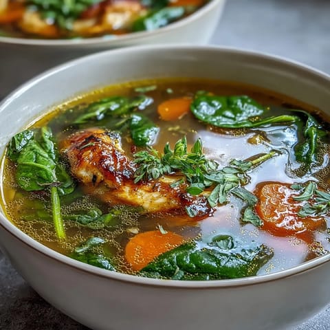 A steaming bowl of golden turmeric chicken soup with tender chicken pieces, carrots, and wilted spinach, garnished with fresh parsley.  