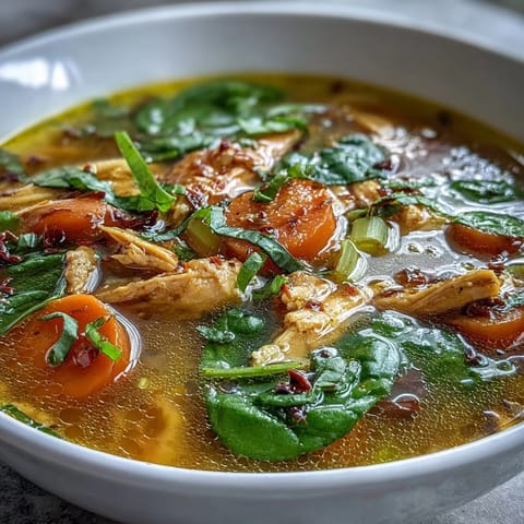 Bright yellow turmeric chicken soup simmers in a pot, featuring aromatic ginger, garlic, and colorful vegetable slices.  