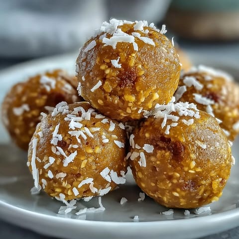 A vibrant plate of Ginger Turmeric Energy Balls rolled in shredded coconut, glowing with golden spice and perfect for an afternoon pick-me-up.