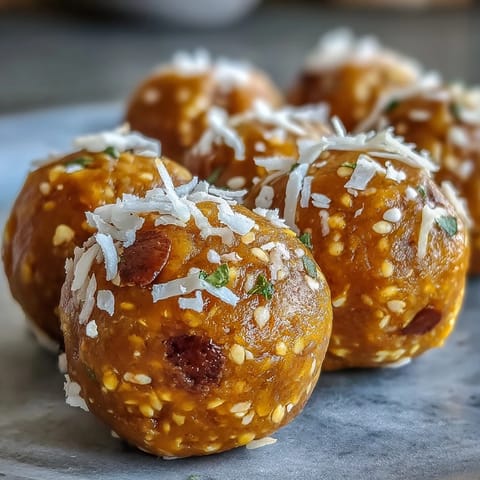 Close-up view of Ginger Turmeric Energy Balls showing a textured, no-bake oat and date surface flecked with hemp seeds and warm spices.