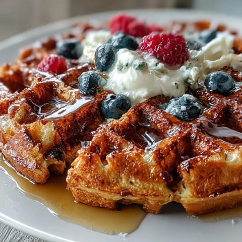 A close-up of golden, fluffy Anti-Inflammatory Adaptogenic Turmeric Waffles topped with fresh berries, sliced banana, and a drizzle of honey on a rustic plate.  