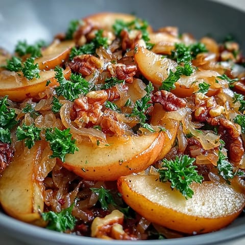 Golden Honeycrisp apples and red onions sautéed in a skillet, mixed with tangy sauerkraut, topped with fresh parsley and toasted walnuts.  