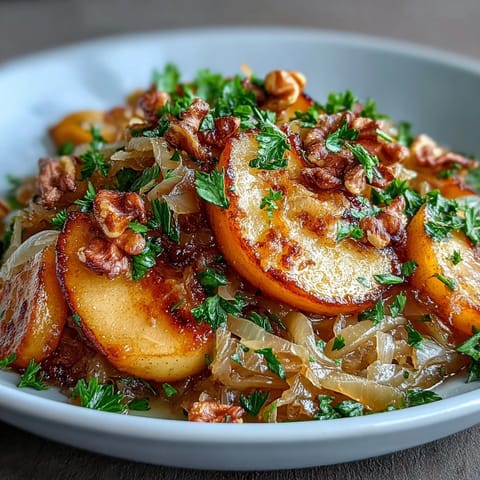 Warm Apple and Sauerkraut Skillet Salad served in a white ceramic bowl, garnished with caraway seeds and a drizzle of apple cider vinegar.  