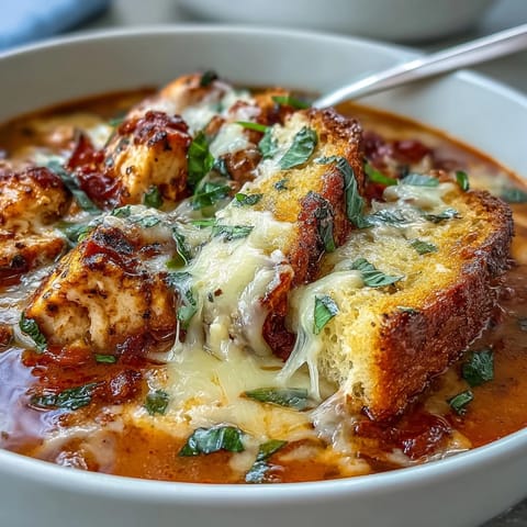 Close-up view of Grilled Chicken Parmesan Soup showcasing tender grilled chicken pieces and vibrant tomatoes in a rich broth.  