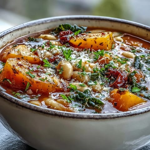 Close-up of Winter Minestrone Soup With Butternut Squash and Kale, highlighting white beans and pasta nestled in vibrant broth beside colorful diced vegetables.