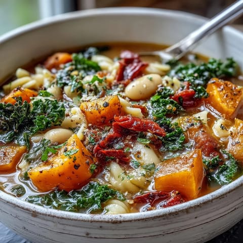 Winter Minestrone Soup filled with colorful vegetables like kale, butternut squash, and creamy white beans in a rich broth.  