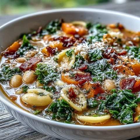 A warm bowl of Fall Minestrone with creamy white beans, ditalini pasta, and tender butternut squash, topped with crispy pancetta.  