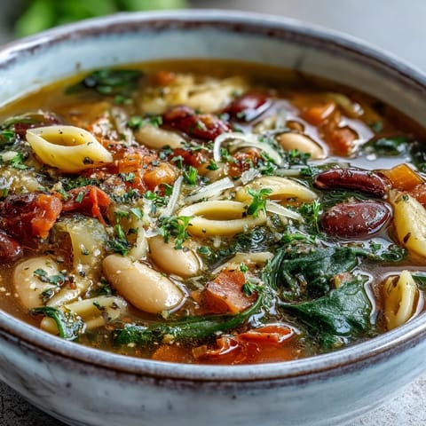 Hearty Minestrone Soup in a rustic bowl, garnished with parsley and served alongside crusty artisan bread.
