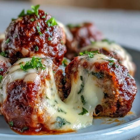 Serving of Cheesy, Garlicky Meatballs With Marinara over spaghetti, extra sauce ladled on top with melted cheese.
