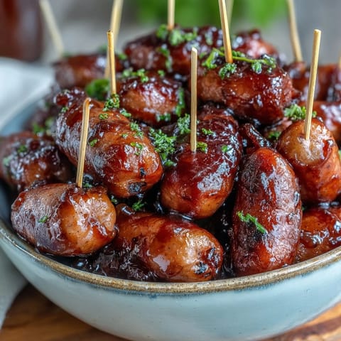 Slow-cooked Little Smokies in tangy barbecue sauce, bubbling in the crock pot and ready for a party spread.