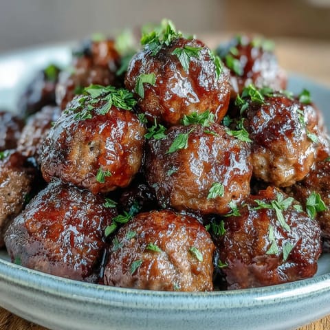 Slow Cooker Peach Glazed Meatballs are simmered in a rich, tangy sauce with visible specks of spices.