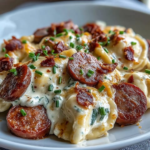 Steaming Crockpot Pierogi Casserole With Kielbasa featuring tender dumplings and melted cheddar cheese in a creamy sauce.