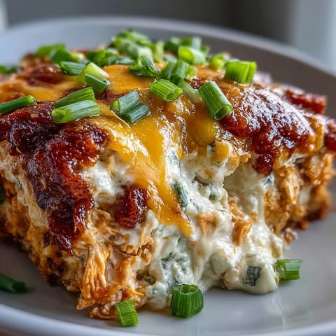 A bubbling Crock Pot Buffalo Chicken Dip scooped onto a sturdy tortilla chip with melted cheese pull.