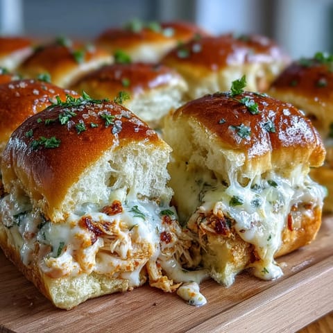 Sizzling Pizza Dip Sliders on a wooden board, showcasing melted cheddar and mozzarella bubbling over a spicy chicken filling inside warm buns.