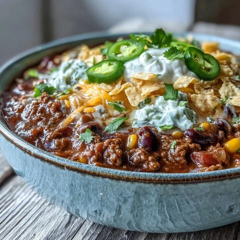Taco Soup simmering in a Dutch oven, showcasing seasoned beef, red bell peppers, and beans in a rich tomato broth.