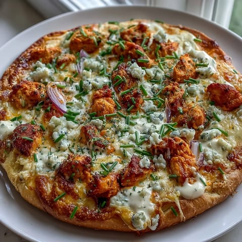 Golden-brown Buffalo Chicken Pizza topped with melted mozzarella, cheddar, spicy buffalo chicken, red onion slices, and fresh chives on a wooden table.