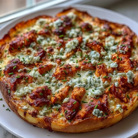 A crispy crust Buffalo Chicken Pizza drizzled with ranch dressing and blue cheese crumbles, served on a baking sheet with celery sticks on the side.