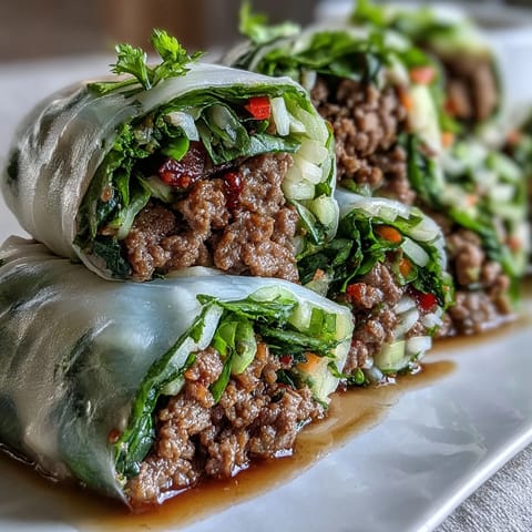 Freshly rolled Thai Basil Beef Rolls filled with savory beef, crisp veggies, and aromatic herbs, served on a white plate.