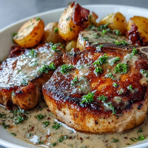 Fork-tender Crockpot Ranch Pork Chops beside soft potatoes and carrots in a rich, velvety ranch sauce on a dinner plate.