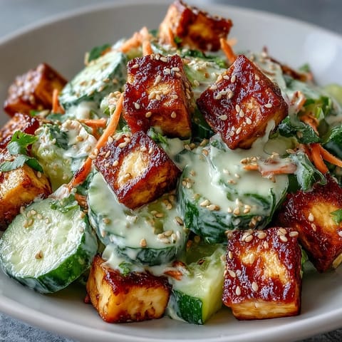 Creamy Asian Cucumber Salad with Crispy Tofu on a dark plate with chili oil drizzle and lime wedges.