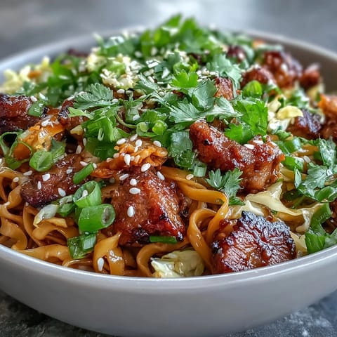 Closely view a bowl of Potsticker Noodle Bowls with seasoned pork, shredded carrots, and green onions.