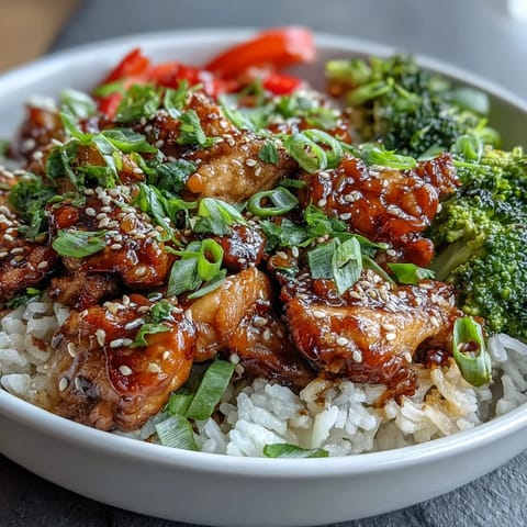 Golden Honey Garlic Chicken Bowl with fluffy white rice, steamed broccoli, carrots, and red bell peppers, topped with sesame seeds.