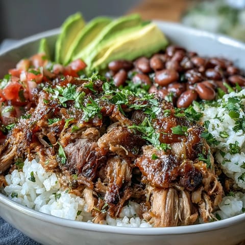 Golden, crispy slow-cooked carnitas pile high over fluffy white rice with beans and fresh salsa.