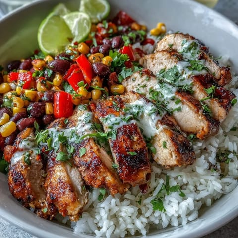 Golden Cajun chicken slices rest on fluffy white rice beside black beans and sweet corn, topped with diced red and yellow peppers and fresh cilantro.