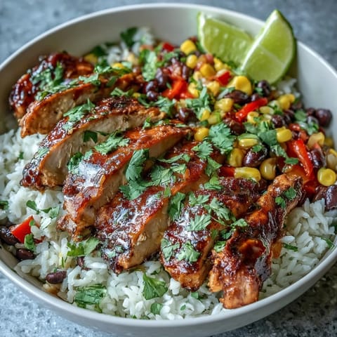 A vibrant Cajun Chicken Bowl is garnished with creamy avocado slices and lime wedges, ready for a zesty drizzle over the colorful Tex-Mex style ingredients.