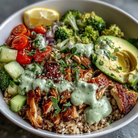 Vibrant Rotisserie Chicken Bowl with fluffy quinoa, crisp cucumbers, and creamy avocado, drizzled with tangy tzatziki sauce.
