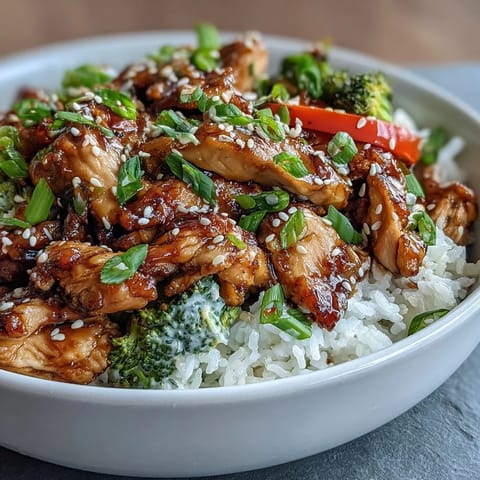 A close-up view of the finished Chicken and Rice Bowl, garnished with fresh green onions and a sprinkle of sesame seeds.