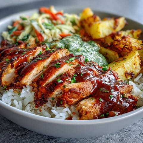 Close-up of a BBQ Chicken Bowl with juicy, glazed chicken slices over fluffy white rice, topped with crisp coleslaw and roasted bell peppers. 
