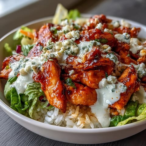 Vibrant buffalo chicken bowl featuring juicy buffalo chicken over fluffy rice, fresh vegetables, and drizzled with zesty ranch dressing.